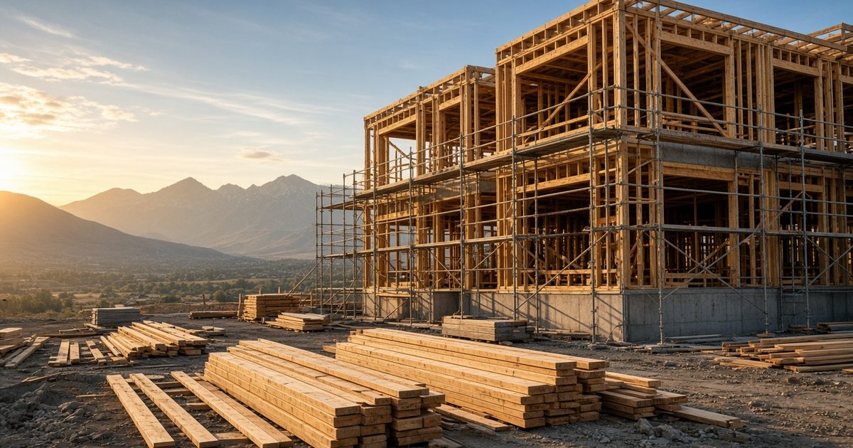 Wood-frame construction at sunset in Cache Valley